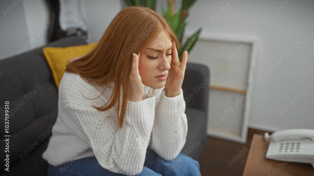 A young woman sits indoors, expressing headache or stress, surrounded by a cozy apartment setting. A young woman sits indoors, expressing headache or stress, surrounded by a cozy apartment setting.