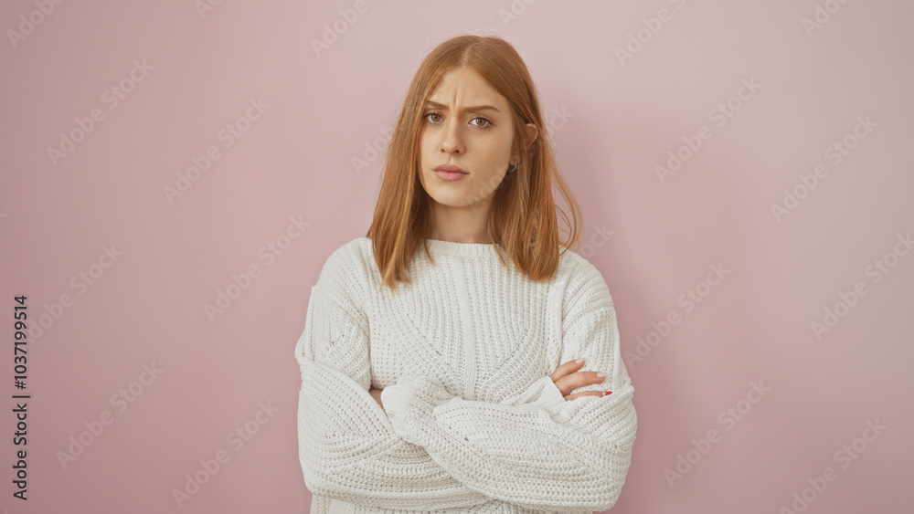 Young caucasian woman with crossed arms wearing a sweater stands against an isolated pink background expressing confidence. Young caucasian woman with crossed arms wearing a sweater stands against an isolated pink background expressing confidence.