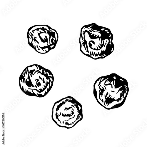 Black pepper. Vector graphics with the image of fragrant spices. A black and white hand-drawn illustration. On a white background. Great for cooking recipes, menus, posters or labels.