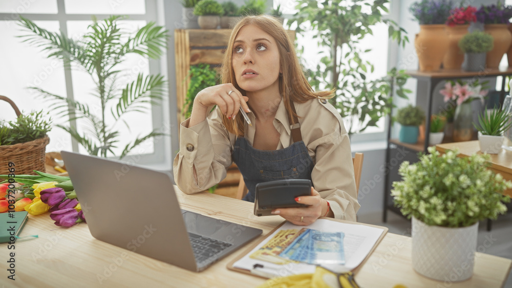 © Krakenimages.com - Pensive young woman counting hungarian forints with a calculator in a flower-filled room © Krakenimages.com - Pensive young woman counting hungarian forints with a calculator in a flower-filled room