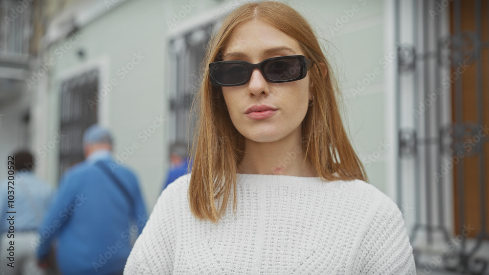 Portrait of a young woman with sunglasses standing confidently on a city street. Portrait of a young woman with sunglasses standing confidently on a city street.