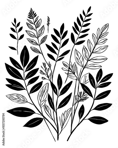 Black and white botanical pattern. For use in graphics, materials. Abstract plant shapes. Minimalist illustration for printing on wall decorations.