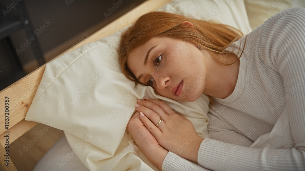 Young redhead caucasian woman lying thoughtfully on her bed indoors, portraying calmness and relaxation. Young redhead caucasian woman lying thoughtfully on her bed indoors, portraying calmness and relaxation.