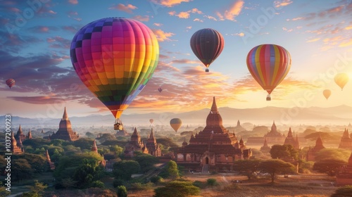 The sky is filled with hot air balloons of various colors, including red, blue