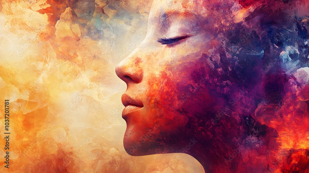 A vibrant fusion of colors intertwining with a serene face, symbolizing creativity and inner peace in an abstract style. A vibrant fusion of colors intertwining with a serene face, symbolizing creativity and inner peace in an abstract style.
