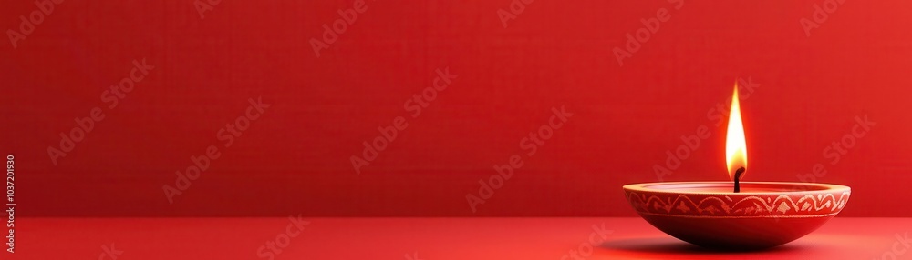 A glowing diya candle flickers against a vibrant red background, symbolizing warmth, celebration, and spirituality.