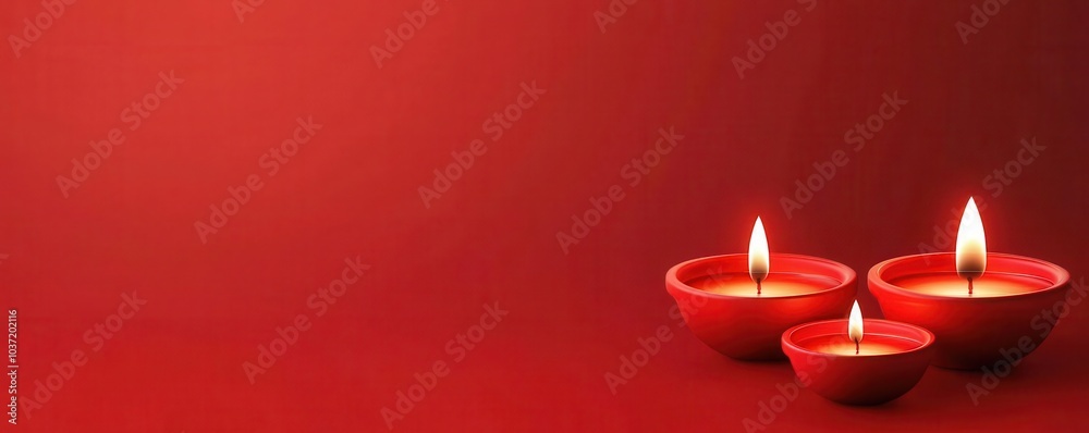 Three glowing red candles are placed against a vibrant red backdrop, creating a warm and inviting atmosphere. Three glowing red candles are placed against a vibrant red backdrop, creating a warm and inviting atmosphere.