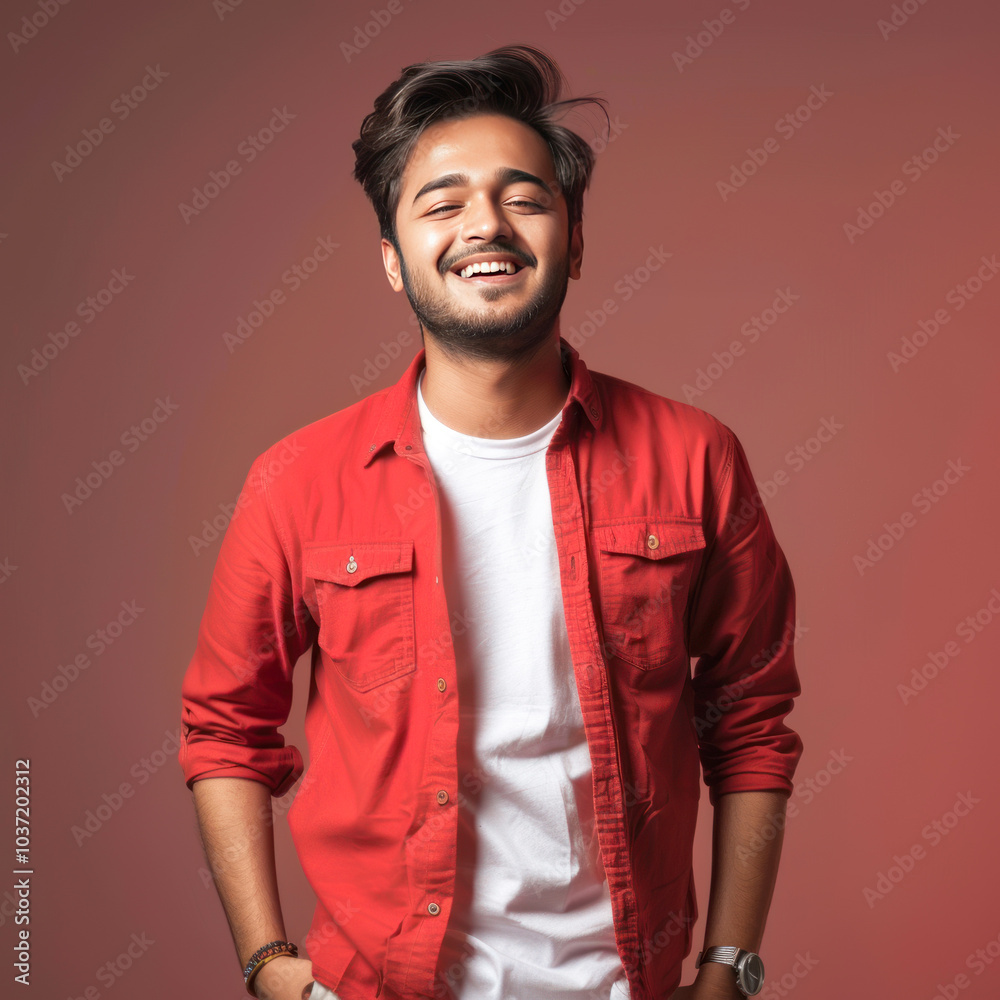 young handsome indian man posing in red shirt young handsome indian man posing in red shirt