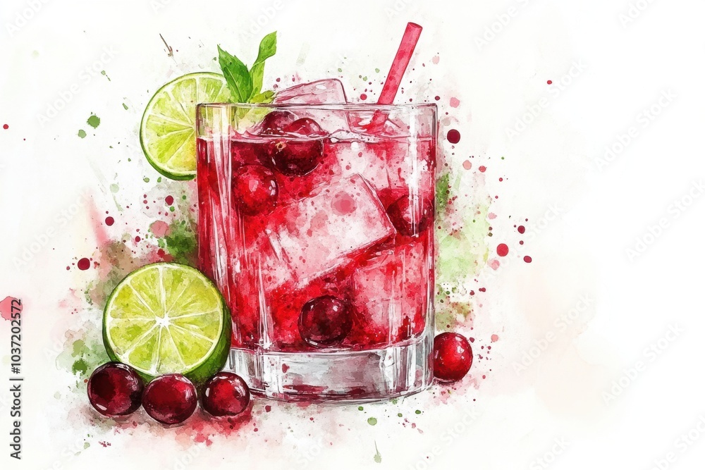 Refreshing Cranberry and Lime Juice in Transparent Glass with Watercolor Splashes Refreshing Cranberry and Lime Juice in Transparent Glass with Watercolor Splashes