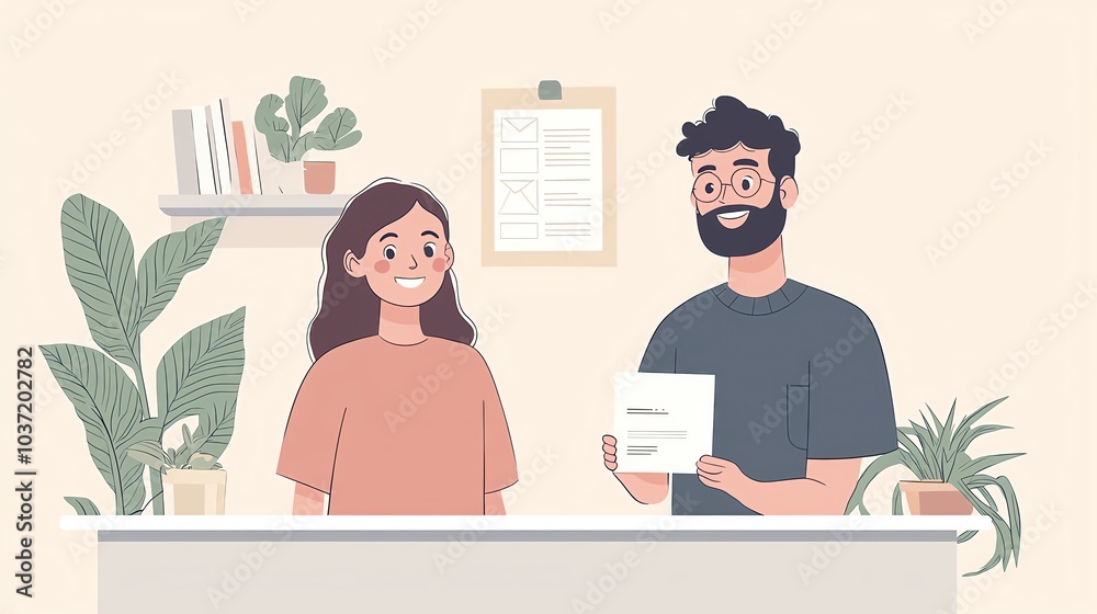 Friendly interaction at a reception desk Friendly interaction at a reception desk
