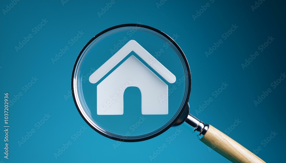 Magnifier zooming in on house icon on blue background. Home and property search concept. 3D Rendering. Magnifier zooming in on house icon on blue background. Home and property search concept. 3D Rendering.