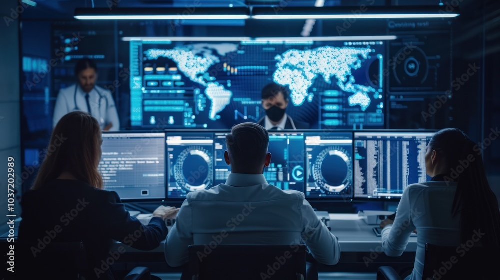 Two people are sitting at a computer desk with multiple monitors Two people are sitting at a computer desk with multiple monitors