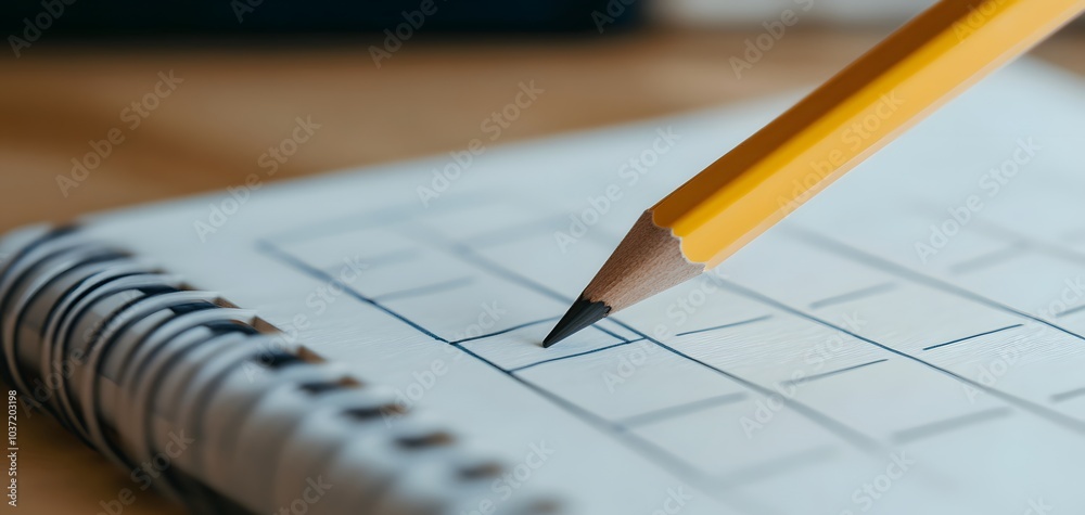 Close-up of a yellow pencil poised above a blank notebook with a grid pattern, perfect for notes or sketches. Close-up of a yellow pencil poised above a blank notebook with a grid pattern, perfect for notes or sketches.