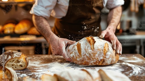 A baker is making bread and sprinkling flour on it