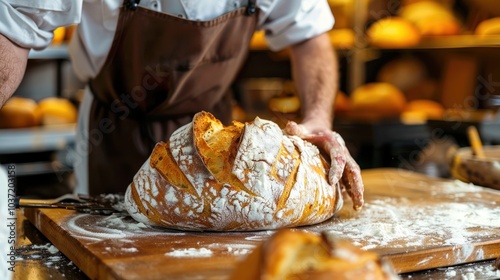 A baker is making bread and sprinkling flour on it