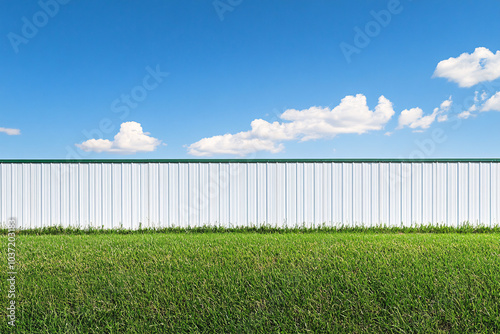 white metal fence standing behind a vibrant green lawn with a clear blue sky and few clouds creating a peaceful outdoor setting 