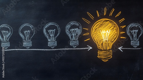 Concept of idea generation and innovation with glowing lightbulb and chalkboard sketches lightbulbs