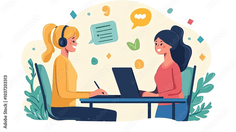 Two women chatting with headsets and laptop Two women chatting with headsets and laptop