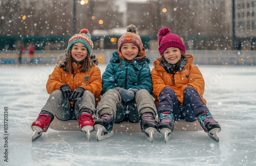 Three children sitting on the ice, wearing skates and winter , posing for photos in an outdoor skating rink with white snow background.