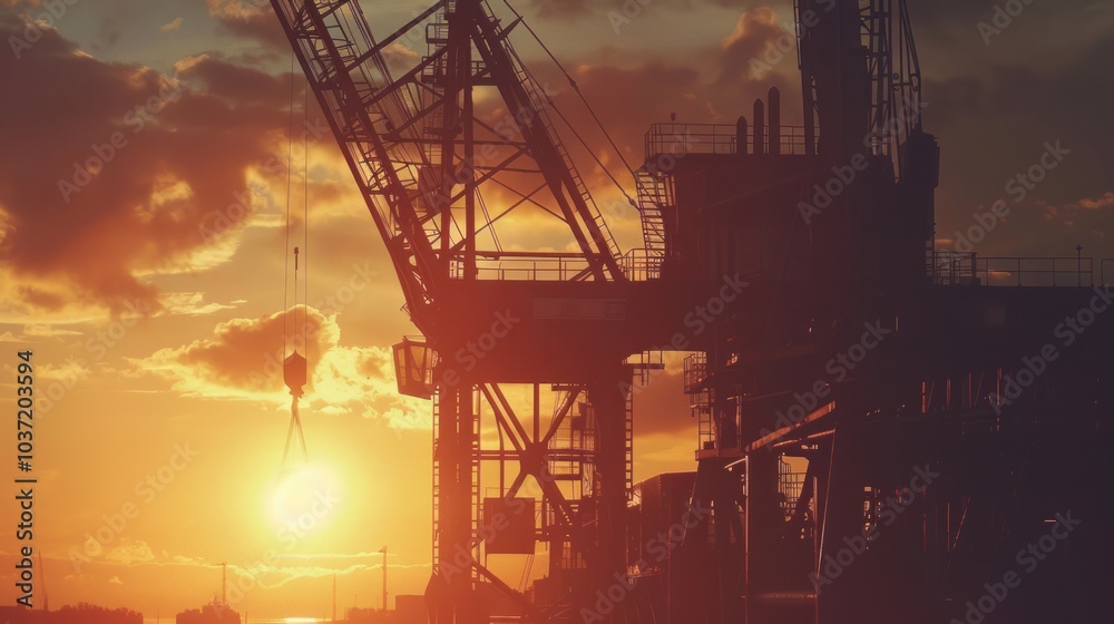Obraz premium A crane is silhouetted against a sunset sky