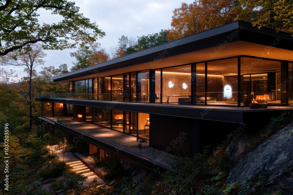 A contemporary, black-themed house set amidst an autumnal forest, featuring ghost decorations on the windows, creating a Halloween ambience full of mystery. A contemporary, black-themed house set amidst an autumnal forest, featuring ghost decorations on the windows, creating a Halloween ambience full of mystery.