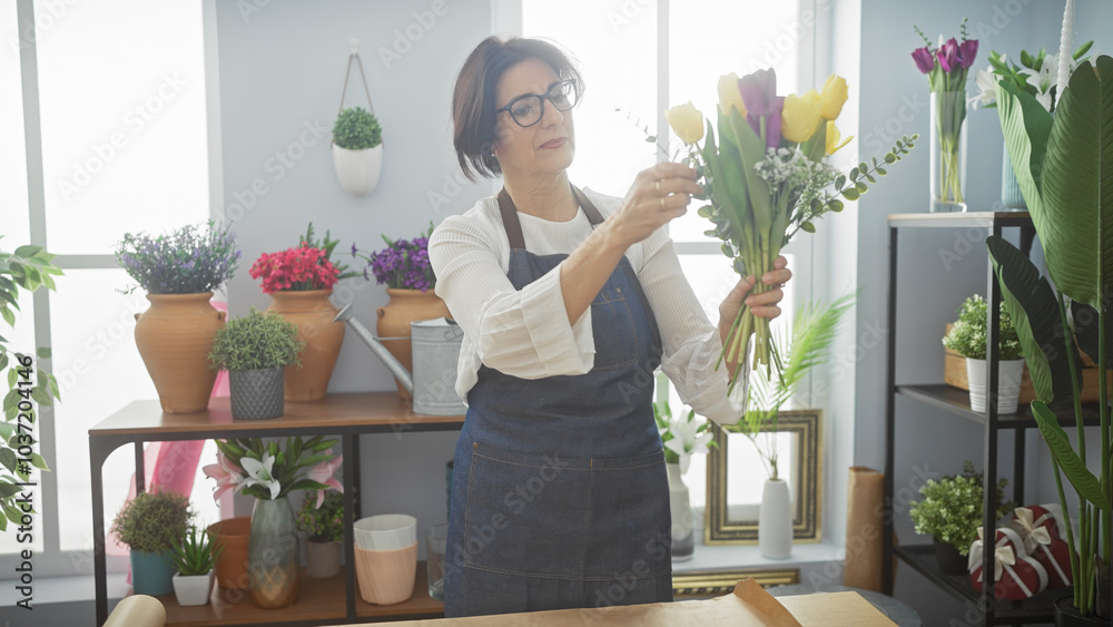 A mature woman florist arranges fresh tulips in a bright flower shop with various plants around. A mature woman florist arranges fresh tulips in a bright flower shop with various plants around.