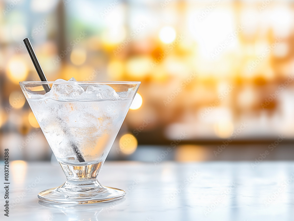 Cocktail close up in a bar setting. Blurred people in the background. Selective focus on the icy drink and glass