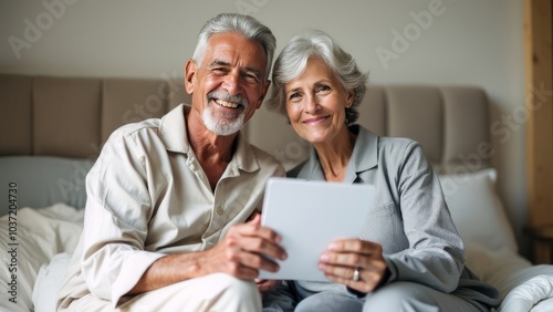 Happy Senior Couple Using Digital Tablet In Bed