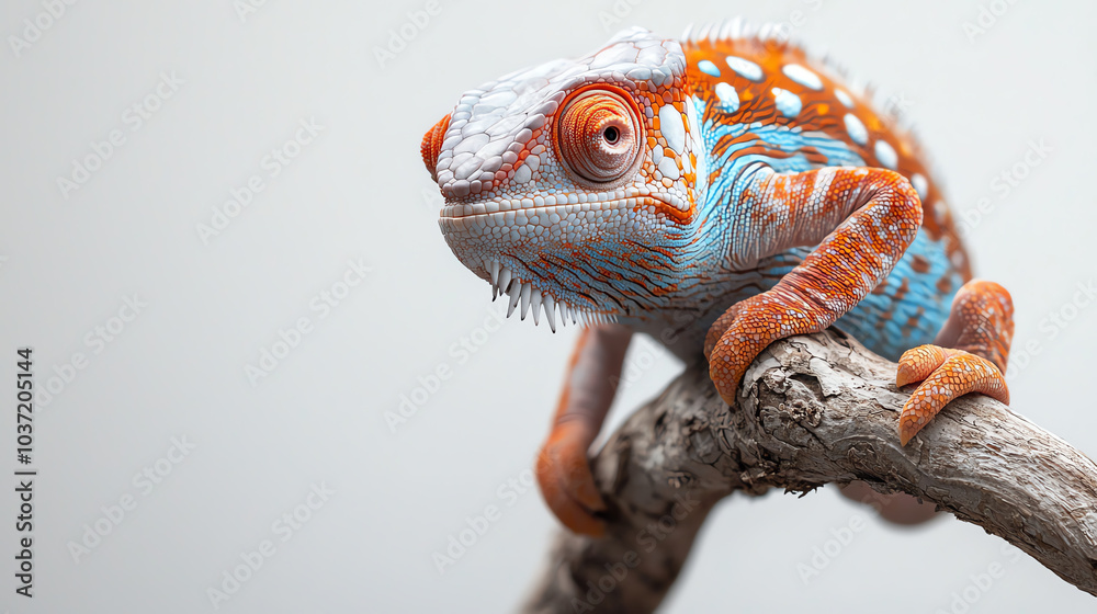 Fototapeta premium Vibrant chameleon displaying its colorful features on a branch