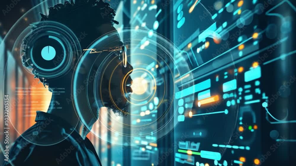 A person stands in profile, deeply engaged with glowing digital data projections in a modern tech setting, reflecting innovation and curiosity during nighttime. A person stands in profile, deeply engaged with glowing digital data projections in a modern tech setting, reflecting innovation and curiosity during nighttime.