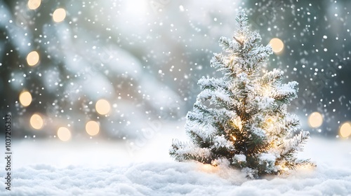 A Small Snow-Covered Christmas Tree with Lights in a Snowy Forest