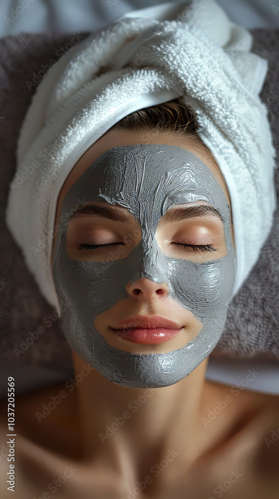 Fototapeta premium Woman Relaxing with Clay Facial Mask and Towel on Head for Spa Skincare Routine