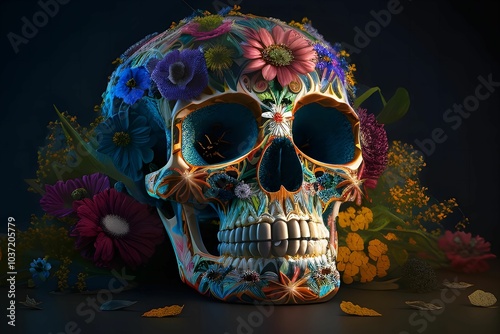 Sugar Skull Decorated with Flowers