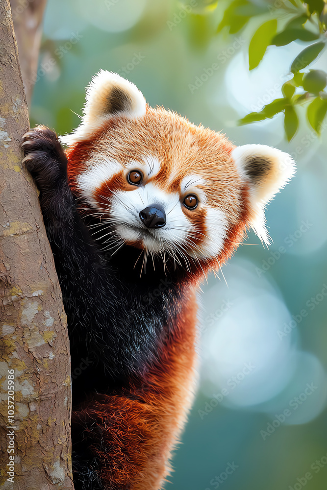 Fototapeta premium Captivating close-up of a red panda peeking from a tree with a lush green background