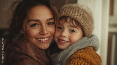 A smiling woman and boy cuddled up by a radiator, their expressions filled with joy. The inviting atmosphere offers plenty of room for text, perfect for campaigns celebrating famil