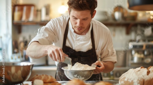 A man in a chef's uniform is preparing food in a kitchen