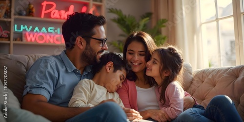 Family of four sitting on recliner