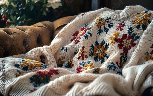 Cozy nordic knit sweater with colorful floral patterns on rustic sofa