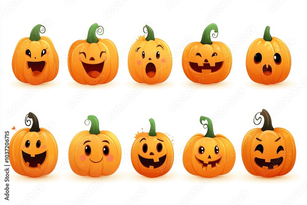 Set of vector icons featuring cute pumpkins with various emotions and expressions, designed in a simple flat style, perfect for Halloween and autumn season themes. Set of vector icons featuring cute pumpkins with various emotions and expressions, designed in a simple flat style, perfect for Halloween and autumn season themes.
