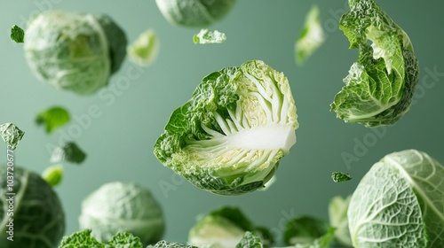 Fresh Brussels sprouts floating in air against a soft green background, showcasing their vibrant color and intricate leaf patterns in a dynamic composition. photo