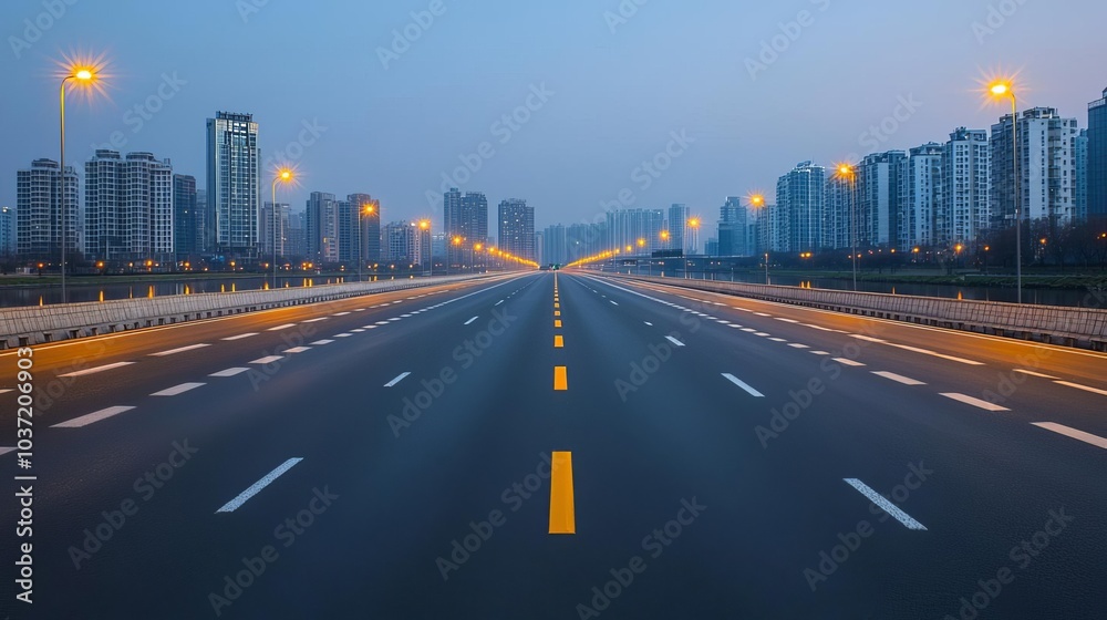 A city highway leading through modern urban structures with calm reflections in nearby water bodies, captured during a quiet evening, urban highway, serene evening A city highway leading through modern urban structures with calm reflections in nearby water bodies, captured during a quiet evening, urban highway, serene evening
