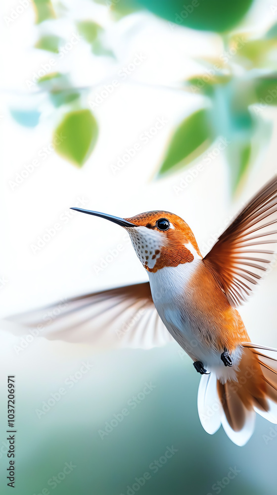 Fototapeta premium A vibrant hummingbird in motion amidst lush greenery captured in stunning detail