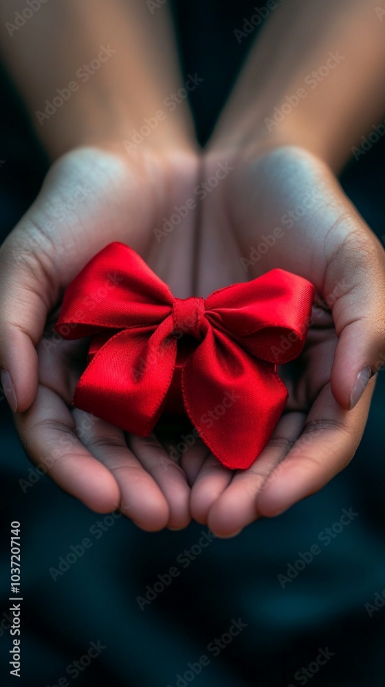 Cupped hands gently cradle a vibrant red satin bow, symbolizing the act of giving or receiving a precious gift. The contrast of soft skin and silky ribbon creates a touching moment. Cupped hands gently cradle a vibrant red satin bow, symbolizing the act of giving or receiving a precious gift. The contrast of soft skin and silky ribbon creates a touching moment.