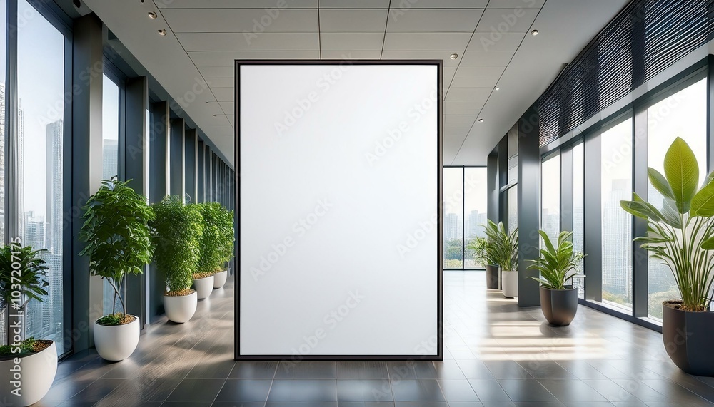 Vertical blank poster mockup in a modern office hallway with large windows and potted plants. Ai generative. Vertical blank poster mockup in a modern office hallway with large windows and potted plants. Ai generative.