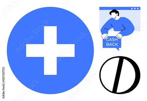 Blue medical cross symbol on the left, man in blue holding cashback sign above a browser window on the right, and prohibition sign below. Ideal for healthcare, finance, marketing, restrictions