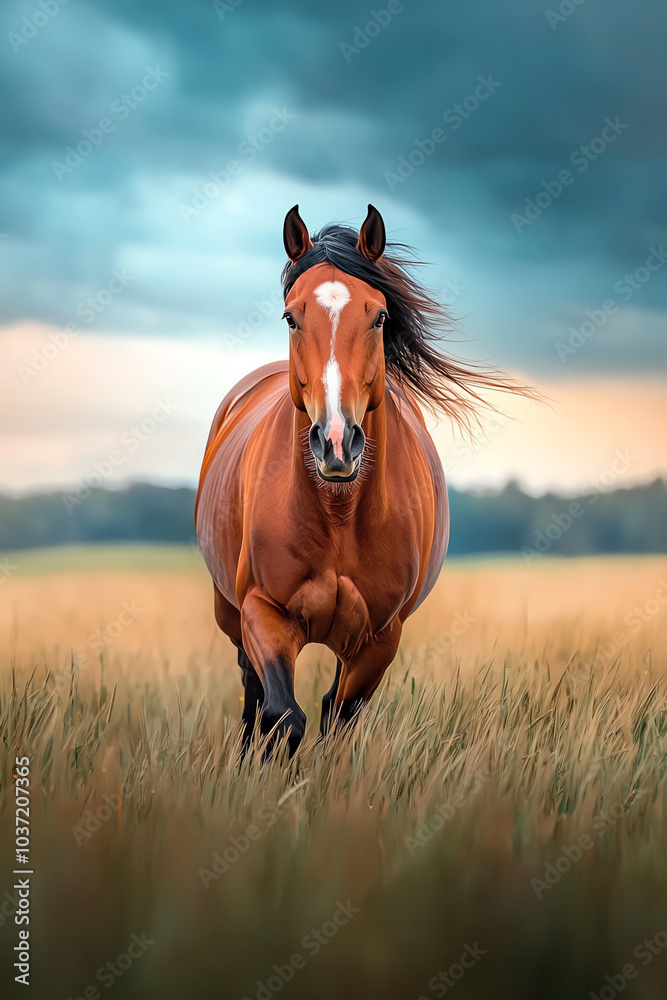Majestic horse galloping through a golden field under dramatic skies Majestic horse galloping through a golden field under dramatic skies