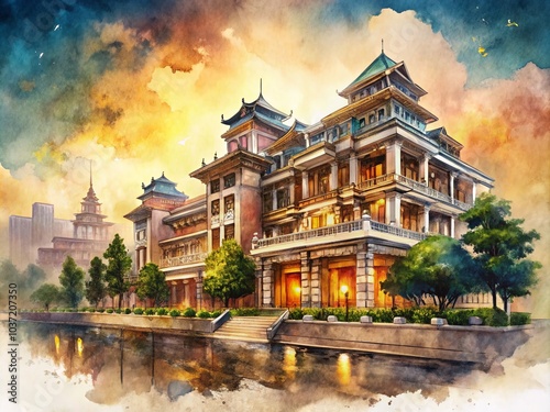 Elegant Architectural Design Proposal with Watercolor Backgrounds for Stunning Visual Presentations