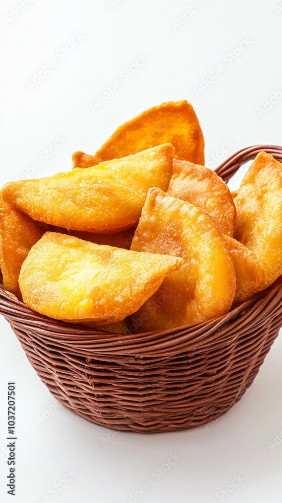Golden, crispy empanadas nestled in a rustic wicker basket, their flaky pastry glistening with a tempting sheen, ready to be savored as a delicious appetizer. Golden, crispy empanadas nestled in a rustic wicker basket, their flaky pastry glistening with a tempting sheen, ready to be savored as a delicious appetizer.