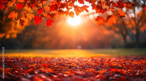 Falling autumn leaves with warm sunlight, concept of fall season and nature's beauty