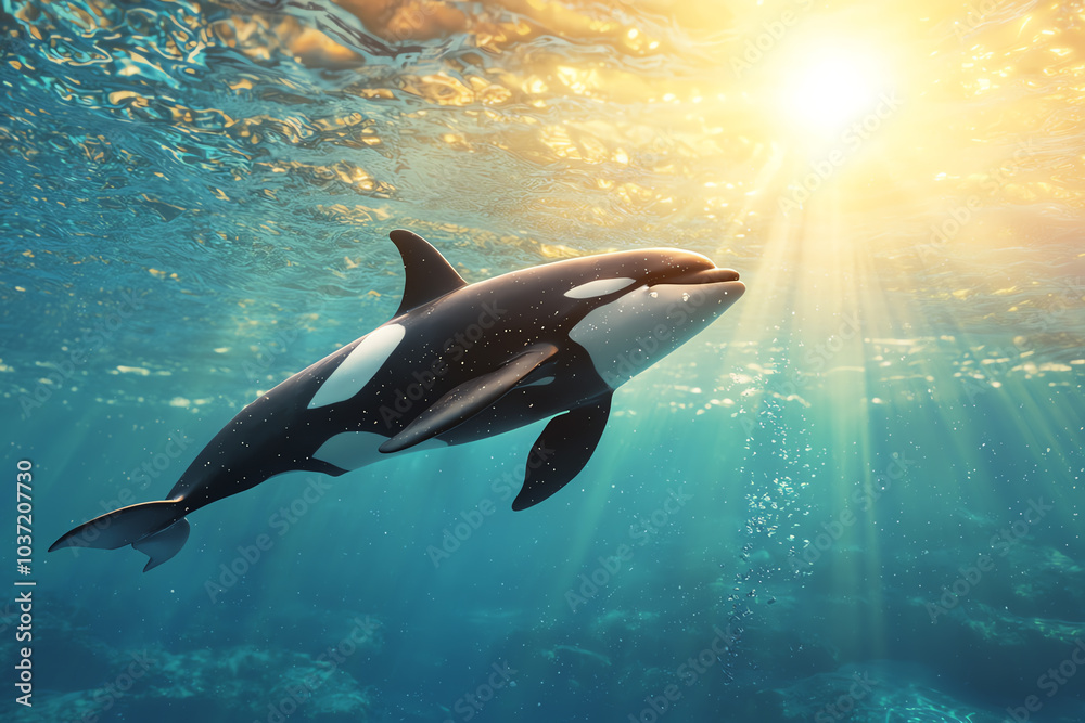 Obraz premium Graceful orca swimming in sunlit ocean waters a stunning underwater scene
